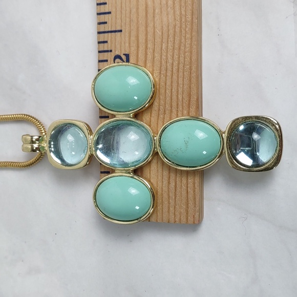 Aqua/Goldtone Cabochon Cross Enhancer Necklace - Picture 5 of 9